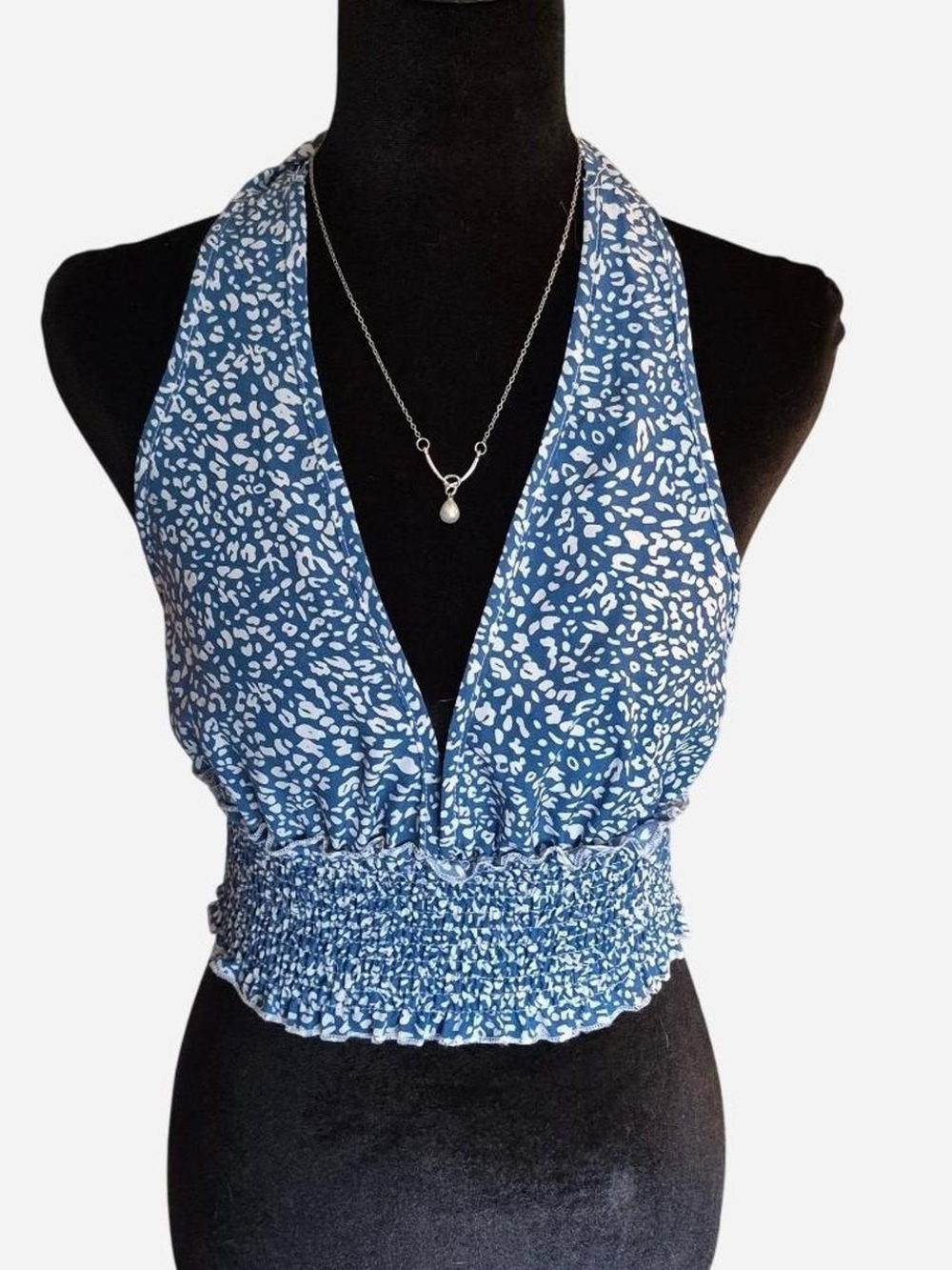 Blue Halter Smocked Waist Crop Top
